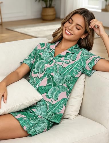 Image of SWOMOG Woman Pajama Set Short Sleeve Pjs Set 2Pcs Short Pajamas Button Down Ruffle Hem Sleepwear Soft Modal Loungewear