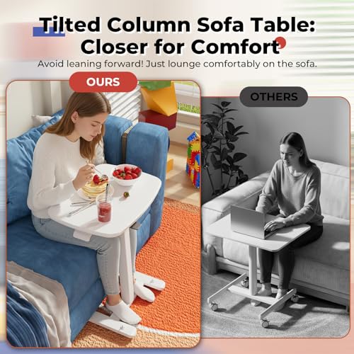 Image of JOY worker Low Height Small Mobile Standing Desk for Couch, Height Adjustable TV Tray Table with 90 Foldable MDF Desktop, Portable Laptop Desk with Low Base & Lockable Hidden Casters, White
