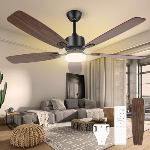 Ventilador de Tcho con Luz, Ventiladores Control Remoto e Interruptor de Pared, Motor de Corriente Continua Reversible de 6 Velocidades, 3 Temperaturas de Color,Regulable y Silencioso,Madera de Nogal