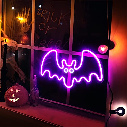 Image of Halloween Neon Sign - Purple Bat LED Neon Sign with Dimmer 15.7x9.4 Inch, USB Powered Halloween Vampire Neon Lights for Wall Decor, Bedroom, Party, Room, Holiday, Kids Gift