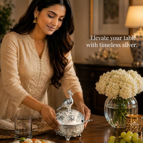 Image of Diviniti Silver Plated Peacock Sugar Pot with Lid | Decorative Storage Jar for Sugar, Mouth Fresheners & Dry Snacks | Luxury Home Decor Item for Dining Table, Kitchen & Gifting (White)