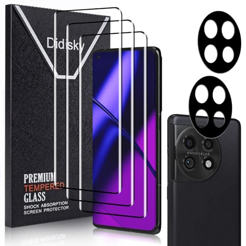 Didisky Screen Protector for Oneplus 11(Not for 11r 11 Pro) 3 Pack Tempered Glass Film with 2 Pack Camera Lens Protector 9H Hardness 3D Curved Full Coverage Easy to Use Scratch-Resistant