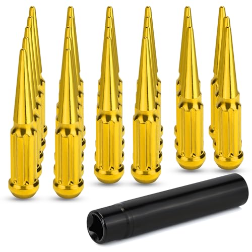 24Pcs M14x1.5 Spike Lug Nuts, 4.4" Tall Acorn Style with Socket Key – Pointed 7-Slotted Wheel Accessories Compatible with Chevy Silverado, Ford F-Series, GMC, Glod
