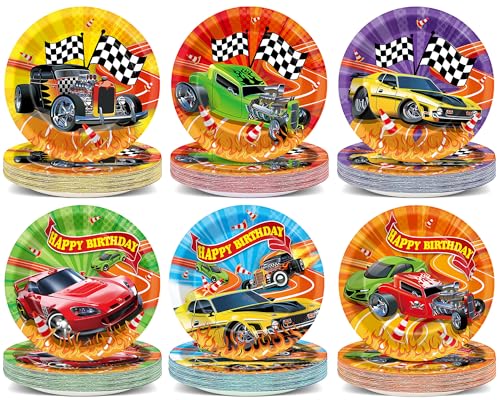 60Pcs Hot Car Birthday Party Supplies for 60 Guest Colorful Racing Cars Plates Race Car Tableware Party Decorations for Baby Shower Hot Car Wild Racer Dinnerware Favors