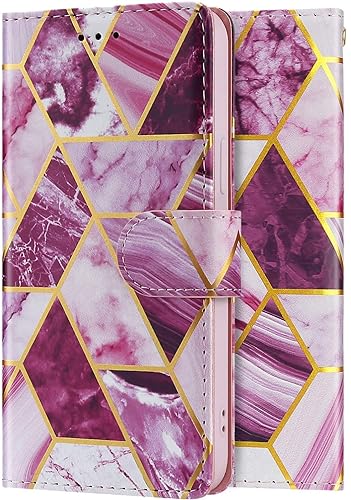 Image of ClickCase Marble Series Faux Leather Back Case Card Holder Wallet with Magnetic Closure Flip Cover for iPhone 15 Plus (Wine Purple)