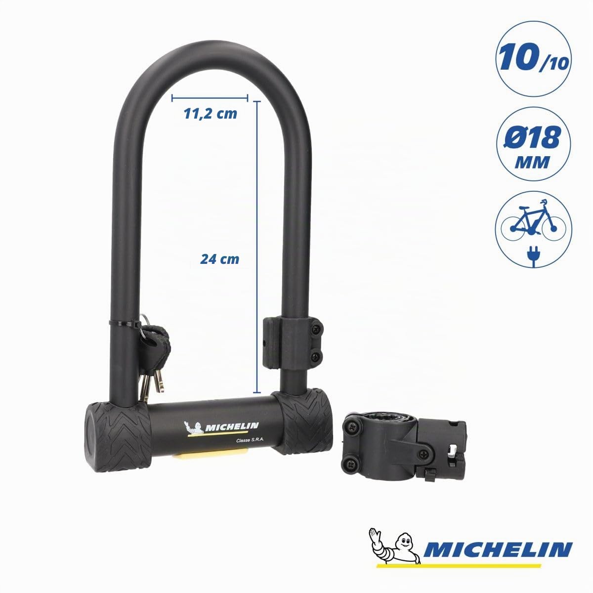 MICHELIN - Antivol U SRA à Clés - Dimensions 112 x 240 mm - Diamètre 18 mm - Support Inclus - Sécurité 10/10 - Idéal Motos, Vélos, e-Trottinettes - Résistance Exceptionnelle
