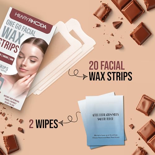 Image of Hilary Rhoda One Go Facial Wax Strips | Ready-To-Use Facial Wax Strips | Face, Cheek, Upper Lip & Chin Facial Wax | Painless Hair Removal | With 2 Finish Wipes | 20 Strips (Chocolate - Shade 04)