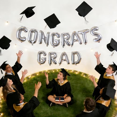 Image of Congrats Grad Balloon Banner, Congratulations Balloons Graduation Party Decorations 2026, Silver