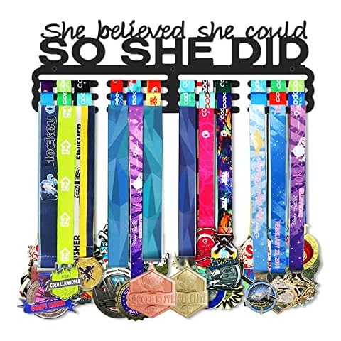 Medals Hanger Display Holder Rack 15.7 inches She Believed She Could Wall Mount Steel Frame Over 70 Medals-Sports Medal Hangers Racks Bib Ribbon with Easy Hanging Bars Black 3 Lines Cover