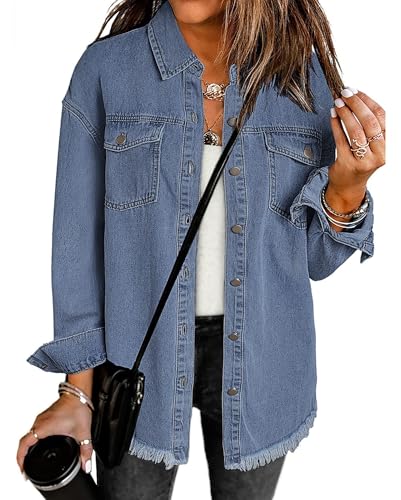 Vetinee Jeansjacke Damen Oversize Vintage Jacke Damen Thousand Oceans Blau Größe Large Passt EU Größe 42 bis EU Größe 44