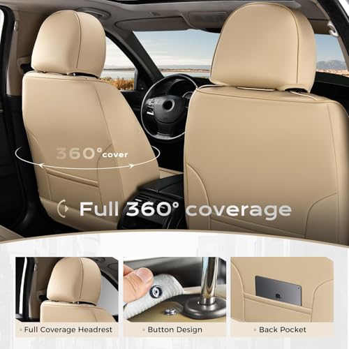 Image of Coverado Car Seat Covers Full Set, Seat Covers for Cars, Front Seat Covers and Back Seat Cover Waterproof Leather Automotive Seat Cover, Universal Car Interior Protectors Cushion for Most Cars Beige