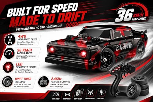 Image of RC Drift Car 1 /16 Scale 4WD Remote Control Racing Car with LED Headlights, 2.4 GHz High Speed Drift Vehicle, 7.4 V 1200 mAh Rechargeable Battery with Extra Tires for Kids and Adults