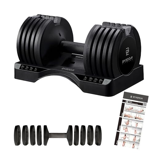 BYZOOM FITNESS Adjustable Dumbbell Set 25lb Single Unit – 5-in-1 Compact Free Weights for Home Gym, Patented Easy-Adjust Design, Sleek Aesthetic for Strength Training & Workouts, Black