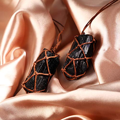 Hicarer 2 Pieces Natural Black Tourmaline Crystal Necklace Hand Braided Chakra Gemstone Pendant Necklace For Men Women (2.5 Cm/ 0.98 Inch - 3.5 Cm/ 1.38 Inch) #TOP2