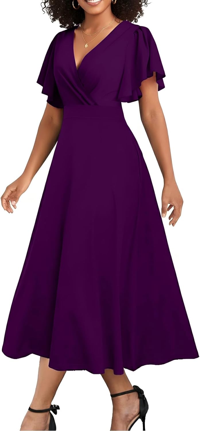 ZonJie Summer Casual Dress for Women V Neck Ruffle Short Sleeve A Line Swing Flared Cocktail Party Midi Dress with Pocket - Image 2