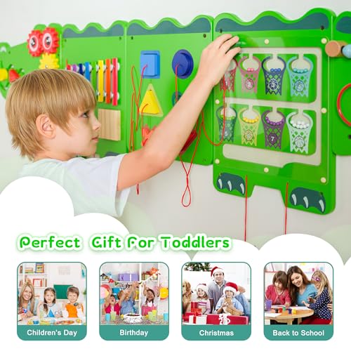 Image of Spacocld Crocodile Sensory Toys Activity Wall Panels - Montessori Busy Board, Toddler Learning Panel, Wall-Mounted Playroom /Daycare Educational Toys, Interactive Wooden Gift for Kids 3-6, Green