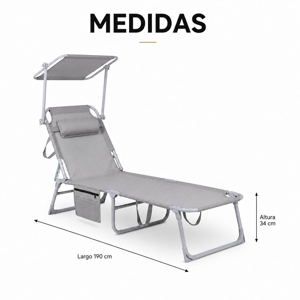 Pack 2 tumbonas Plegables con Parasol Ajustable y cojín reposacabezas – Respaldo multiposición, Bolsillo Lateral, Estructura metálica, jardín terraza Piscina y Playa, Gris