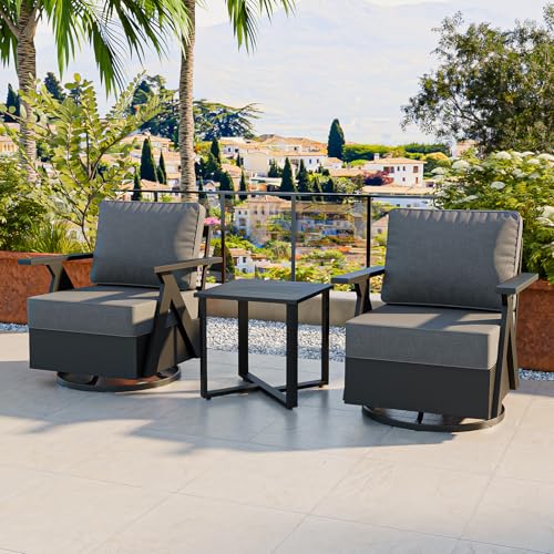 COOS BAY Iron Luxe 3 Piece Outdoor Bistro Set with 360° Swivel Rocking Chairs and Side Table, Modern Patio Furniture for Balcony Deck Garden, Black/Gray