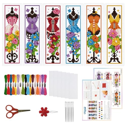 ORIGACH 6 Pcs Cross Stitch Bookmark Kit for Beginner Adults, Mannequin with Flowers Stamped Embroidery Bookmark Kit with Instruction for Starters Printed Cross Stitch DIY Kits for Book Lovers