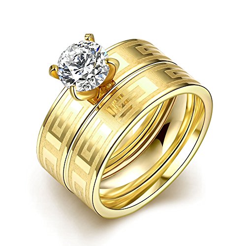 LZD Stainless Steel Bridal Engagement Set Ring Yellow Gold AAA Zirconia Women B440