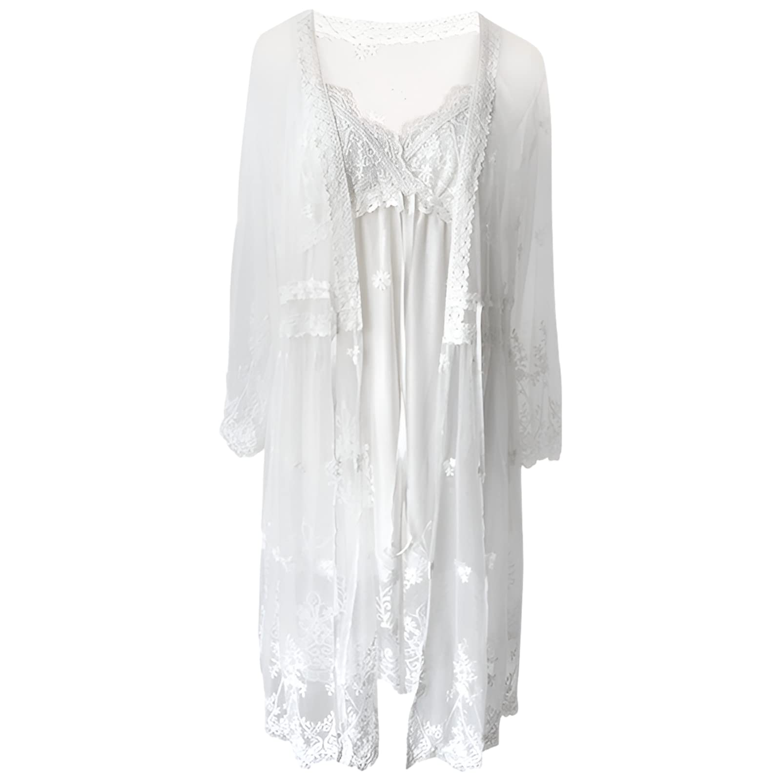 Donna 2 Pezzi retrò Set di Camicia da Notte con Scollo a V e con Cinturino Regolabili e Vestaglia Elegante Abbigliamento da Notte per Sposa Nozze Festa & Loungewear