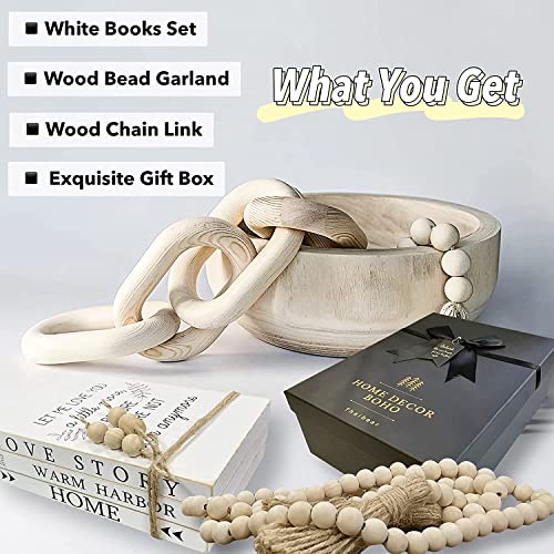 Shelf Decorative Books For Home Decor-Set Of 3 Faux Books For Decoration-Coffee Table Stack Decorations For Living Room-Farmhouse Wood Bead Garland With Tassel & Wooden Chain Link Boho Decor Set #TOP5