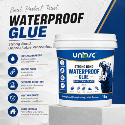 Image of UNIDSC Strong Bond Transparent Waterproof Glue with Brush | Self-Leveling Formula | Dries Crystal Clear with Brush-Mark-Free Glossy Finish | Sealant for Roof, Wall Cracks, Bathroom & Tiles | 1 KG