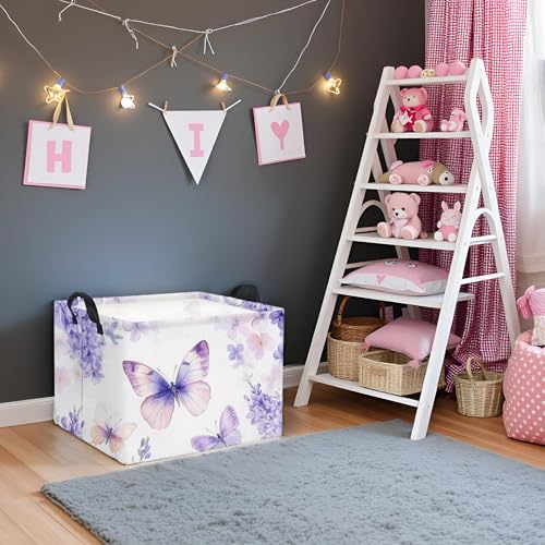 Image of Rectangular Kids Storage Basket Baby Storage Basket with Handles for Home Kitchen Boys and Girls Cute Toy Storage Bin Organizer Shelf Book Room Decor(Purple Butterfly)