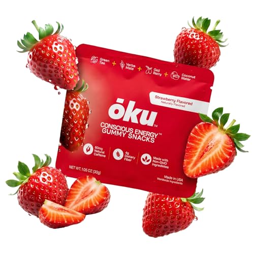 Image of ōku Functional Energy Chews, 60mg of Caffeine from Green Tea & Yerba Mate, Coconut Water for Hydration and 4 Grams of Fiber, Strawberry (8-Pack)