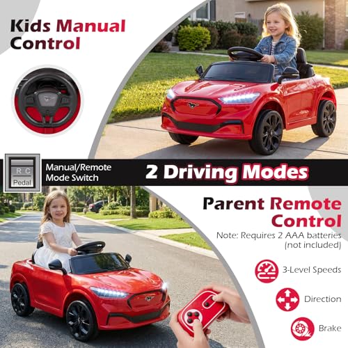 Image of Costzon Ride on Car, 12V Licensed Ford Mach E Kids Electric Vehicle with Parent Control, LED Lights, Horn, Music, Wireless Connection & Spring Suspension, Kids Car Toy for Girls Boys (Red)