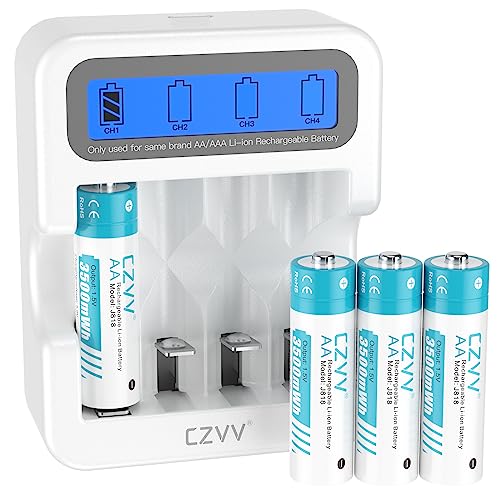 czvv AA Rechargeable 1.5V Batteries with White LCD Fast-Charger (Pack of 4)