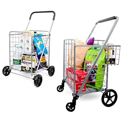 supenice Grocery Double Basket Grocery Cart -Deluxe Utility Cart with Oversized Basket 360°Rolling Swivel Bearing Wheels Cover
