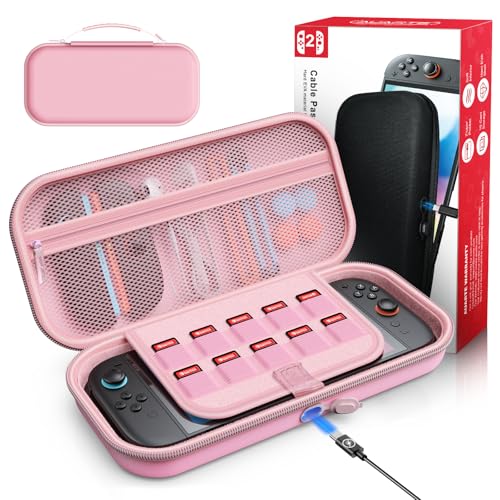 Auarte [Charge Inside Carrying Case for Switch 2 Console (2025)/OLED-Pink | Slim Hard Portable Travel Carry Case Bag for Switch 2 Accessories with 10 Game Card Storage