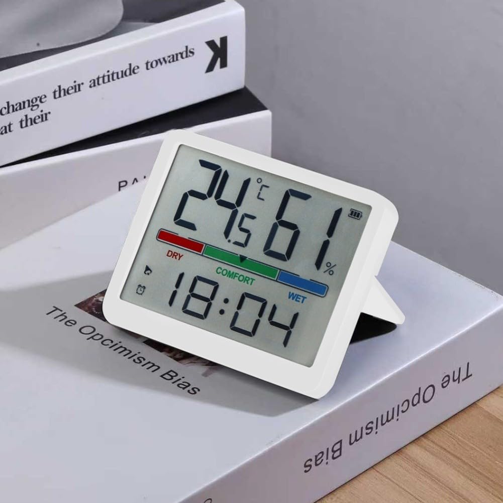 Reloj de pared digital LCD con monitor de temperatura y humedad, termohigrómetro interior con alarma, escritorio compacto o pantalla de hora montada en la pared para oficina en casa, blanco