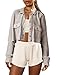 Panadila Women's Cropped Waffle Knit Shacket Short Button Down Jacket Batwing Sleeve Shirts with Pocket(Light Khaki,S)