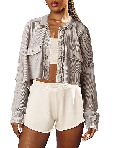 Panadila Women's Cropped Waffle Knit Shacket Short Button Down Jacket Batwing Sleeve Shirts with Pocket3