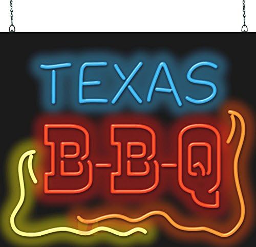 Texas BBQ Neon Sign - Very Large Size - 32" wide x 27" high - Real, Quality Hand Bent Neon Sign - Blue & Red Letters with Orange & Yellow Flames