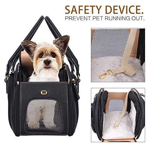 Image of Dog Carrier, Cat Carrier, Expandable Foldable Airline Approved Leather Pet Travel Portable Bag Carrier for Small Dog, Medium Black