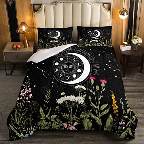 Sun Moon Kids Comforter Set Stars Space Psychedelic Comforter Boys Teens Black And White Full Size Galaxy Bedding Set Botanical Branches Constellations Decor Quilt Set With 2 Pillowcases #TOP3