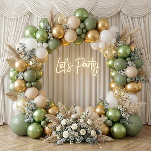 Image of Sage Green Gold Balloons, 12 Inch 60 Pcs Metallic Olive Green White Gold Confetti Balloons Retro Green Balloons for Birthday Bridal Baby Shower Wedding Jungle Safari Camp Bachelorette Decorations
