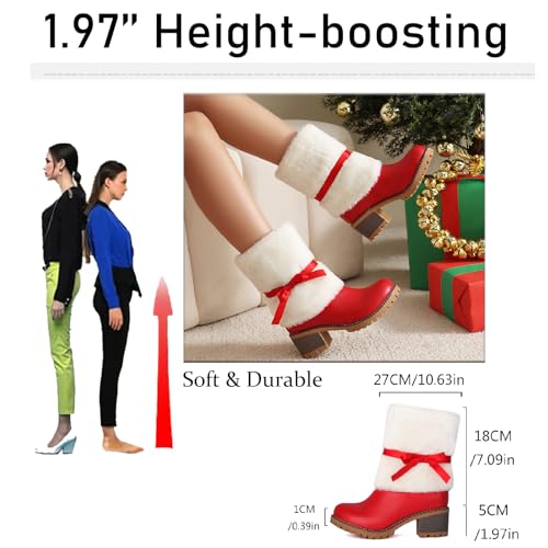 Women's Leather Stacked Chunky Heel Christmas Ankle Boots Warm Fur Lined Cute Bow Comfortable Round Toe Anti-slip Lug Sole Mid Heel Bootie Winter Outdoor Walking Christmas Bootie4