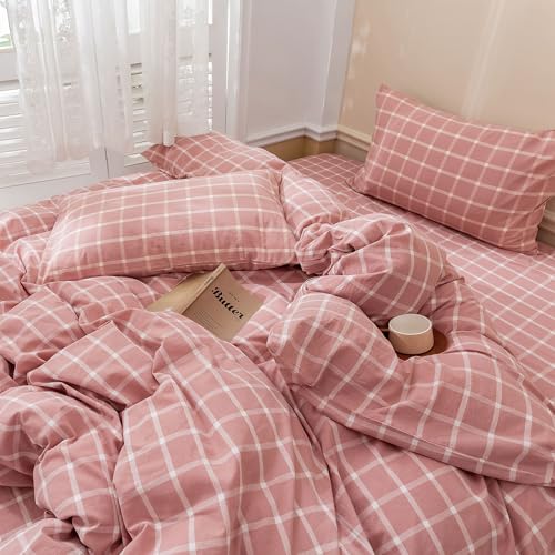 Image of EAVD Modern Style Pink Floral Duvet Cover King Soft Soft White and Pink Grid Plaid Bedding Set with 2 Pillowcases Reversible Checkered Geometric Pattern Duvet Cover with Zipper Closure
