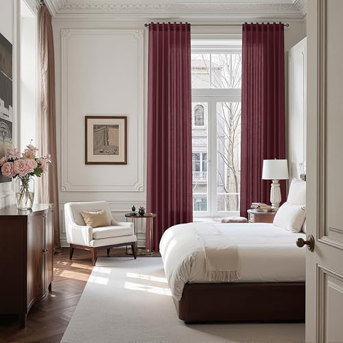 Image of Nanspring Burgundy Linen Curtains for Living Room 105 Inches Long Light Filtering Semi Sheer Curtain Back Tab Vintage Boho Decor Elegant Luxury Drapes for Bedroom Dinner Room 52x105, 2 Panels