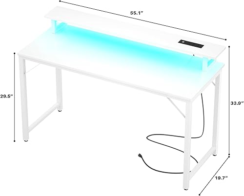 Miniatura 7 de Escritorio para computadora con tomas de corriente USB y luces LED, escritorio de juegos de 55 pulgadas con soporte para monitor para espacio