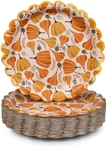 Thanksgiving Paper Plates 9-Inch - 50 Count Disposable Friendsgiving Dinner Plates, Scalloped Fall Design With Gold Foil