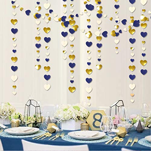 Image of 52Ft Valentines Day Party Decorations Navy Blue Gold Love Heart Garland Royal Blue Gold Hanging Streamer Banner for Anniversary Mothers Day Bachelorette Engagement Wedding Bridal Shower Birthday Party