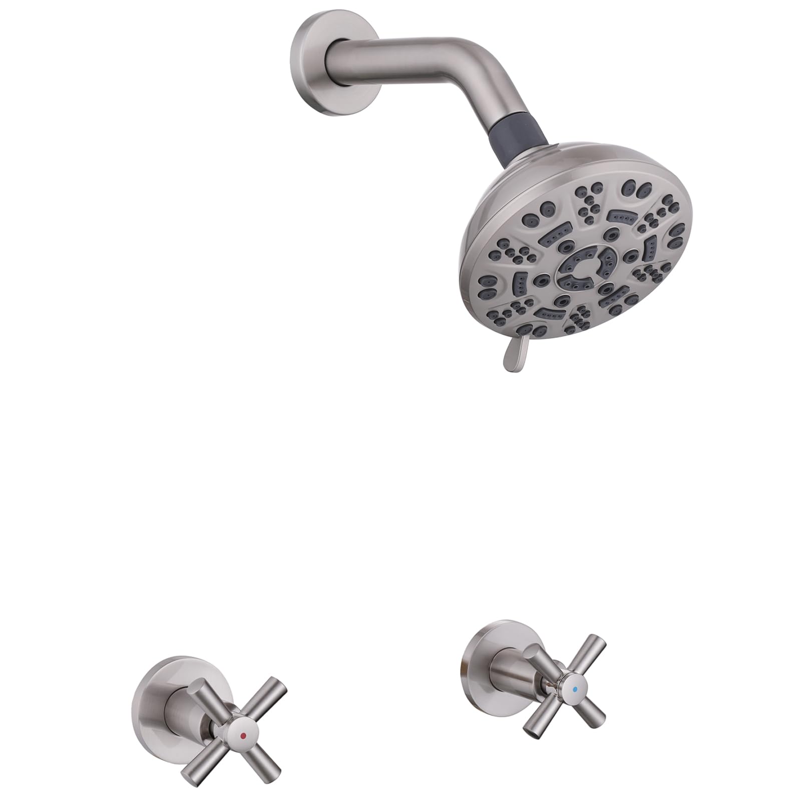YANCASENO brushed nickel two-handle shower faucet set with rainfall shower head