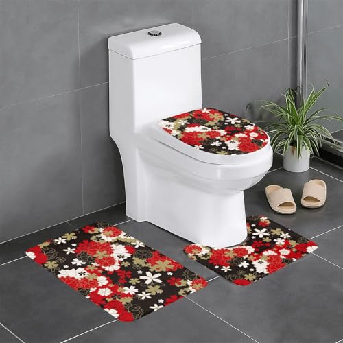伝統的な花柄 桜 花 東洋 和風(1) トイレマット 3点セット フタカバー 浴室足ふきマット 吸水 速乾 滑り止め 抗菌 防臭 洗える ふわふわ プレゼント 40x60cm