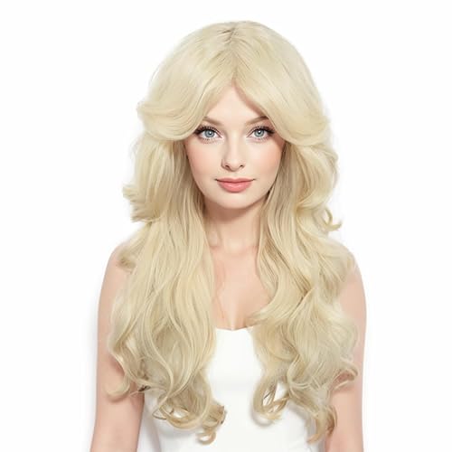 NIUOBYS Long Curly Blonde Wig 70s 80s Retro Anime Cosplay Hair for Women Halloween Party Costume - Blonde