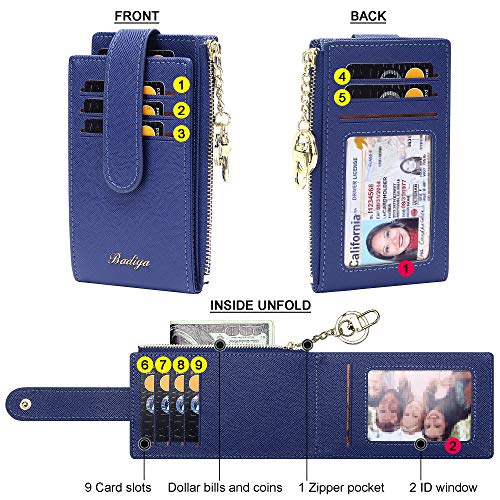 Image of Badiya Slim Women Wallet RFID Blocking Bifold Compact 9 Card Slots Holder Wallets Soft Leather with Zipper Coin Pocket 2 ID Window